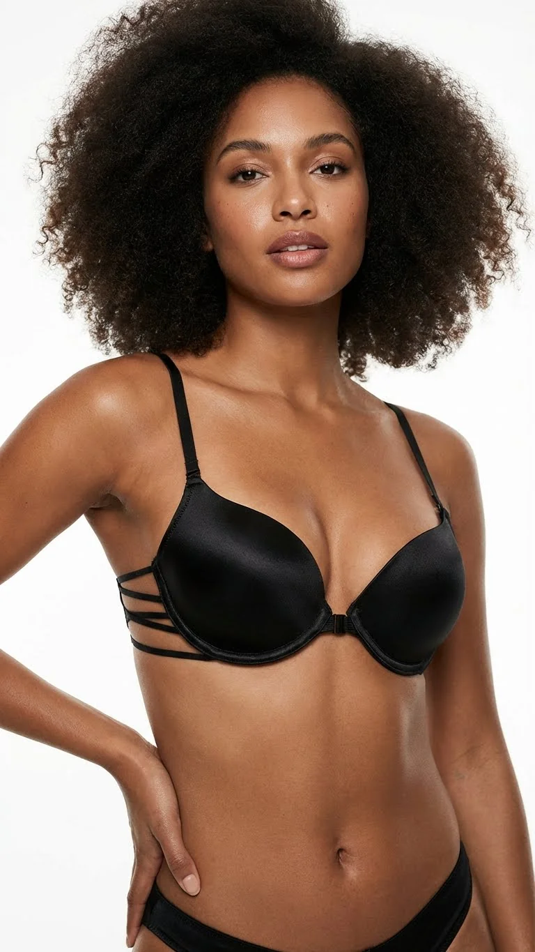 LunaIntim Gece Siyahı Strappy İpli Push-Up Sütyen Yanları Şerit Detaylı Model - Ön Görünüm